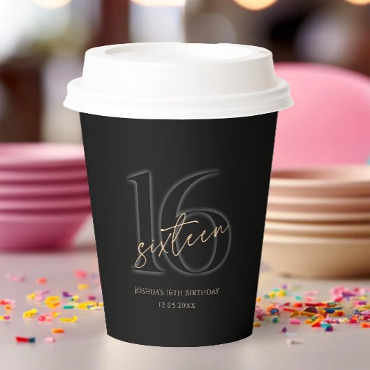 Modern Black Gold 16th Birthday Party Paper Cups 紙コップ