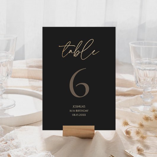 Modern Black Gold 16th Birthday Party Table Number 出欠カード