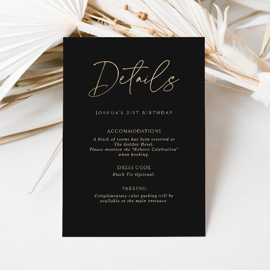 Modern Black Gold 21st Birthday Party Details Card