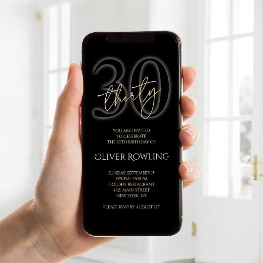Modern Black Gold 30th Birthday Mobile Invite 案内状