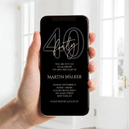 Modern Black Gold 40th Birthday Mobile Invite 案内状