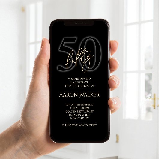 Modern Black Gold 50th Birthday Mobile Invite 案内状