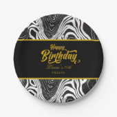 Modern Black & Gold Agate Happy Birthday  ペーパープレート (正面)
