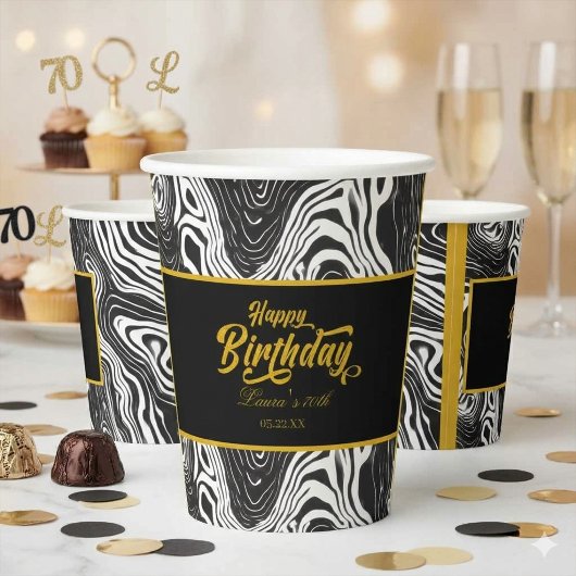 Modern Black & Gold Agate Happy Birthday  紙コップ