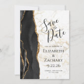 Modern Black Gold Agate Marble Save the Date セーブザデート (正面)