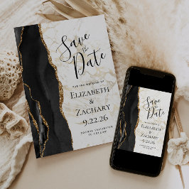 Modern Black Gold Agate Marble Save the Date セーブザデート