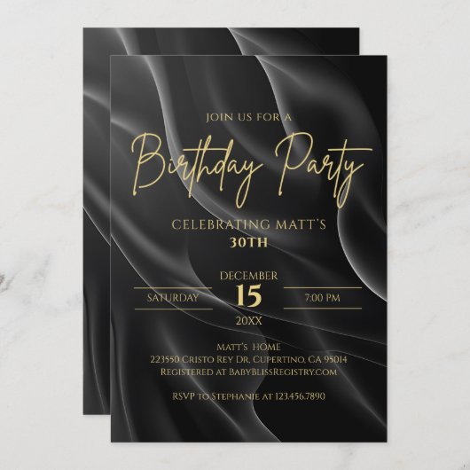 Modern black & Gold Birthday Invitation 招待状 (正面/裏面)