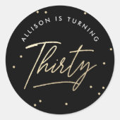 Modern Black Gold Calligraphy 30th Birthday ラウンドシール (正面)