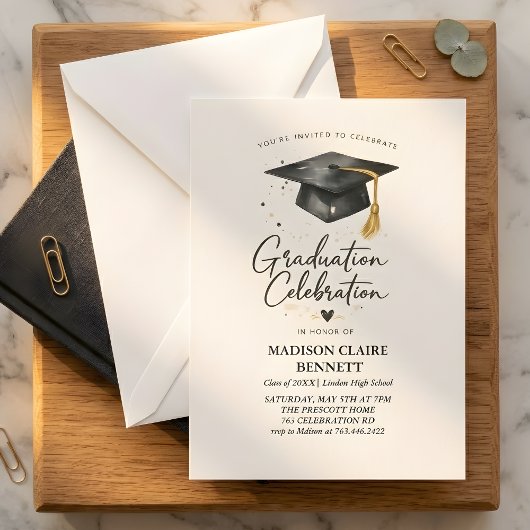 Modern Black & Gold Calligraphy Graduation Party  招待状