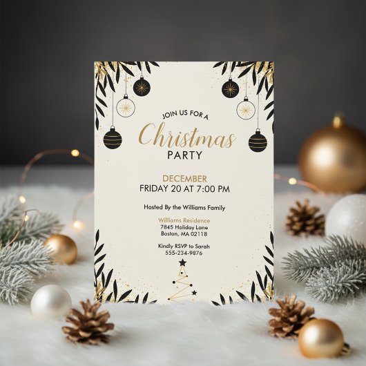 Modern Black Gold Christmas Party Invitation 招待状