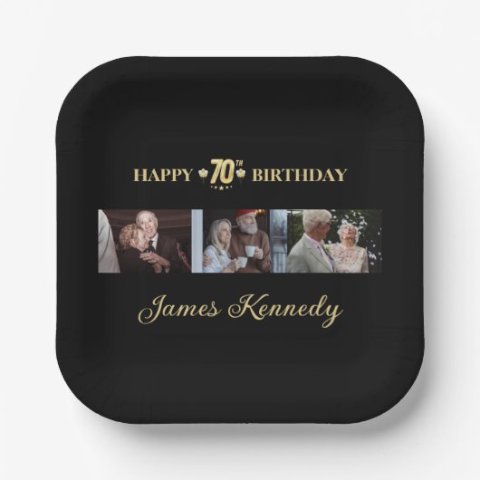 Modern Black & Gold Custom Photos 70th Birthday ペーパープレート (正面)