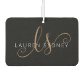 Modern Black Gold Feminine Script Monogrammed カーエアーフレッシュナー (正面)