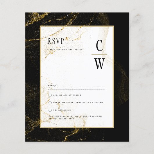 Modern Black Gold Glitter Wedding RSVP チラシ (正面)