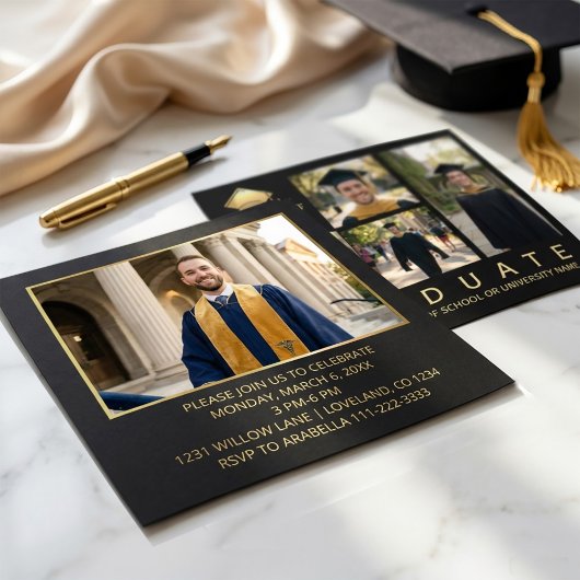 Modern Black & Gold Graduation Photo Invitation 招待状