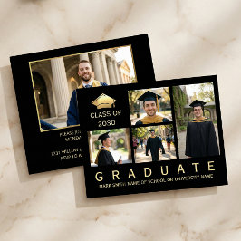 Modern Black & Gold Graduation Photo Invitation 招待状