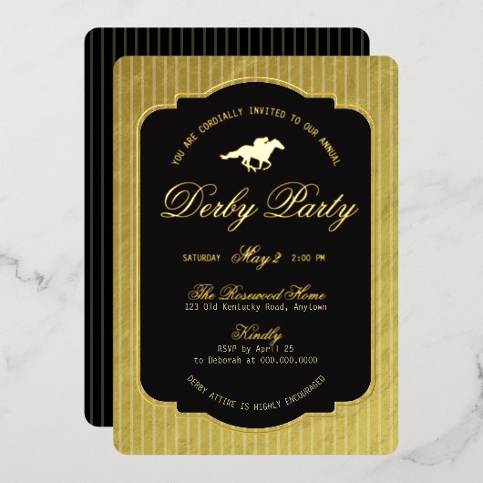 Modern Black & Gold Horse Race Derby Equestrian 箔招待状 (正面/裏面)
