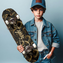 Modern Black Gold Leafy Swirls Decorative Art Name スケートボード