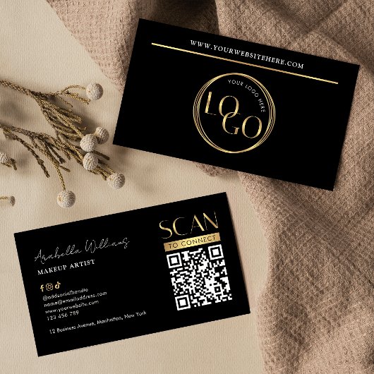 Modern Black Gold Logo Makeup Beauty Salon QR Code 名刺
