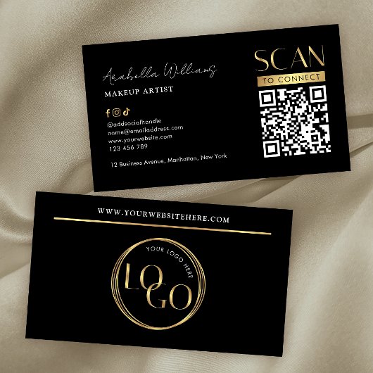 Modern Black Gold Logo Makeup Beauty Salon QR Code 名刺