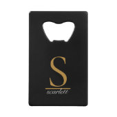 Modern Black Gold Monogram Elegant Script Name クレジットカード栓抜き (正面)