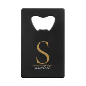 Modern Black Gold Monogram Elegant Script Name クレジットカード栓抜き (裏面)