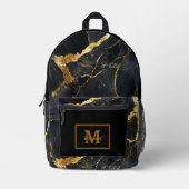 Modern Black & Gold Monogram Name  プリントバックパック (正面)