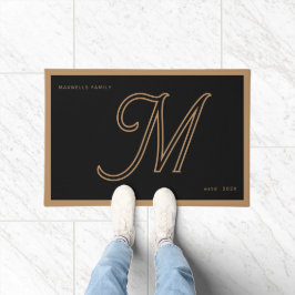 Modern Black Gold Monogram Script Family Name ドアマット