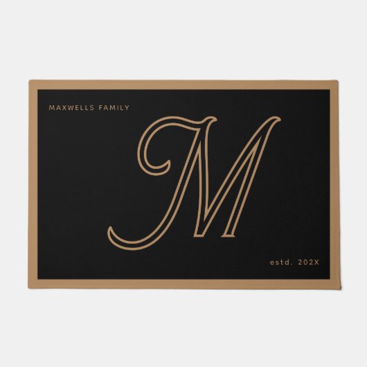 Modern Black Gold Monogram Script Family Name ドアマット (正面)