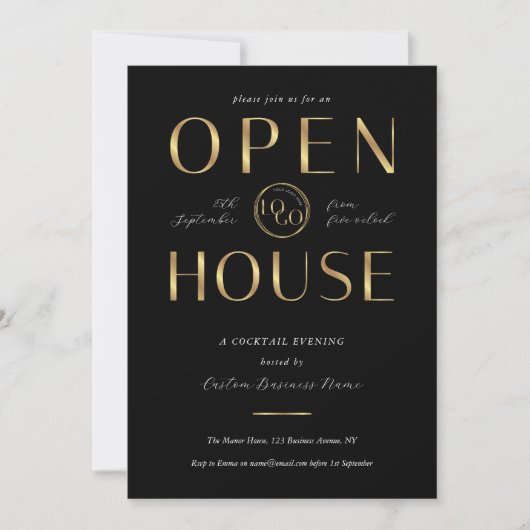 Modern Black & Gold Open House Corporate Logo 招待状 (正面)