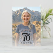 Modern Black Gold Photo Surprise 70th Birthday 招待状 (スタンド正面)