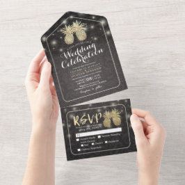 Modern Black & Gold Pineapples Couple Wedding RSVP オールインワン招待状