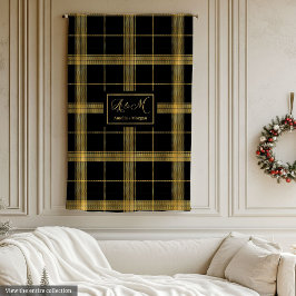 Modern Black Gold Plaid Custom Name Blanket フリースブランケット
