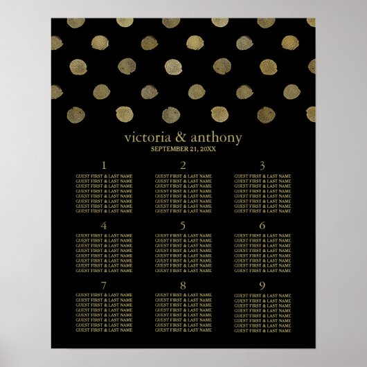 Modern Black & Gold Polka Dots Wedding Table Plan ポスター (正面)