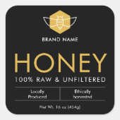 Modern Black & Gold Raw Honey Product Jar Label スクエアシール (正面)