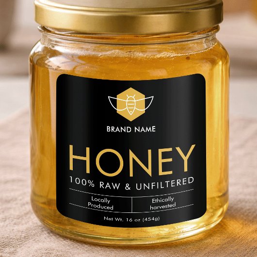 Modern Black & Gold Raw Honey Product Jar Label スクエアシール