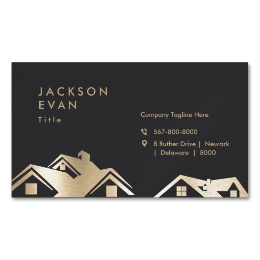 Modern Black & Gold Roofing Construction Repair マグネット名刺 (正面)