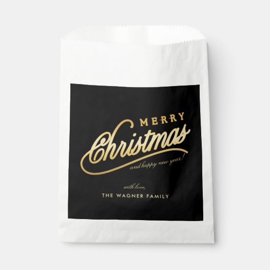 Modern Black & Gold Script Merry Christmas フェイバーバッグ (正面)