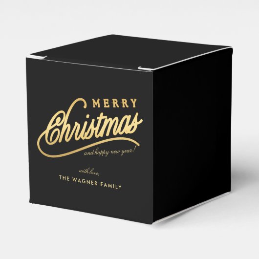 Modern Black & Gold Script Merry Christmas フェイバーボックス (正面サイド)