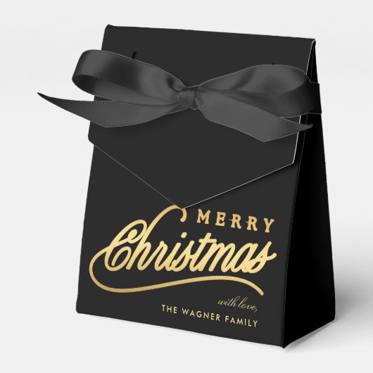 Modern Black & Gold Script Merry Christmas フェイバーボックス (正面サイド)