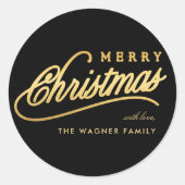 Modern Black & Gold Script Merry Christmas ラウンドシール (正面)