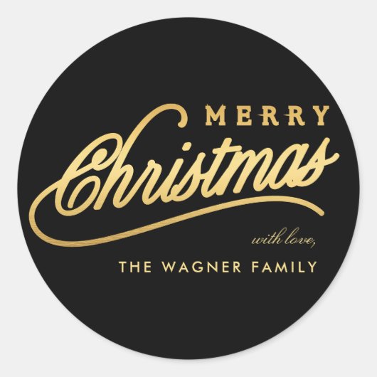 Modern Black & Gold Script Merry Christmas ラウンドシール (正面)