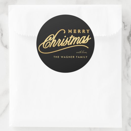 Modern Black & Gold Script Merry Christmas ラウンドシール (バッグ)