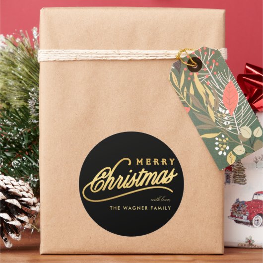 Modern Black & Gold Script Merry Christmas ラウンドシール (クリスマス)