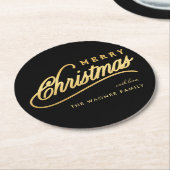 Modern Black & Gold Script Merry Christmas ラウンドペーパーコースター (アングル)