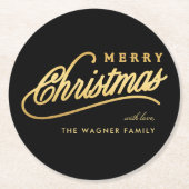Modern Black & Gold Script Merry Christmas ラウンドペーパーコースター (正面)
