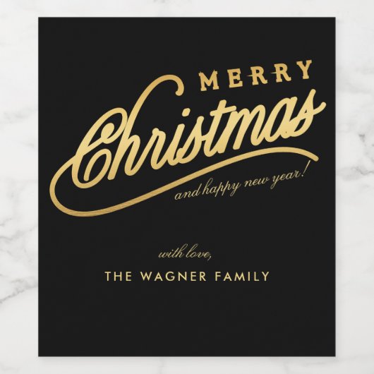 Modern Black & Gold Script Merry Christmas ワインラベル (シングルラベル)
