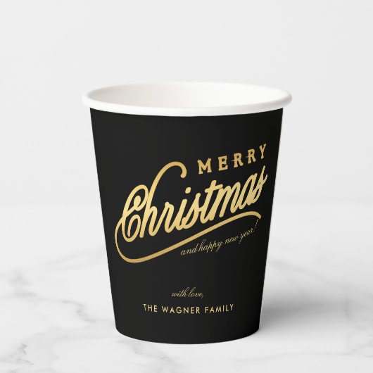 Modern Black & Gold Script Merry Christmas 紙コップ (裏面)