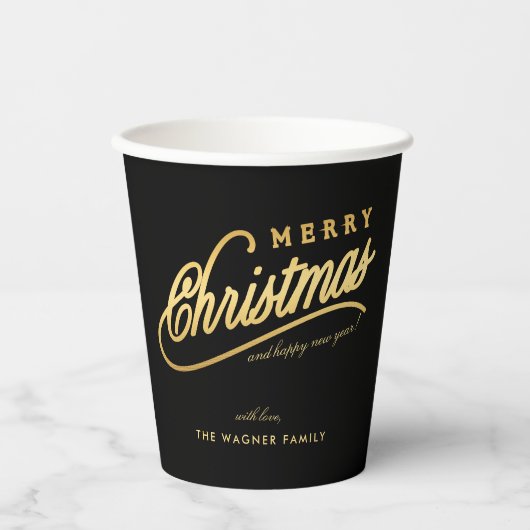 Modern Black & Gold Script Merry Christmas 紙コップ (正面)