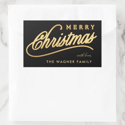Modern Black & Gold Script Merry Christmas 長方形シール (バッグ)