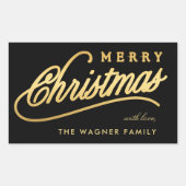 Modern Black & Gold Script Merry Christmas 長方形シール (正面)